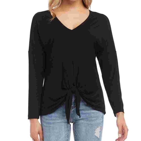 Karen Kane Black Drop Shoulder V-Neck Front Tie Top - Picture 1 of 8